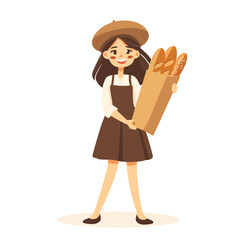 Flat Vector French woman holding baguette in paper