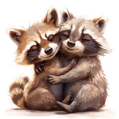 Cute raccoon couple hugging each others illustration. Love raccoon, cuddling.
