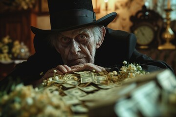 Happy undertaker with wad of money in funeral home - obrazy, fototapety, plakaty