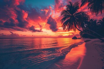 At sunset, a tropical island beach transforms into a breathtaking and idyllic scene, captivating with its beauty and tranquility - obrazy, fototapety, plakaty