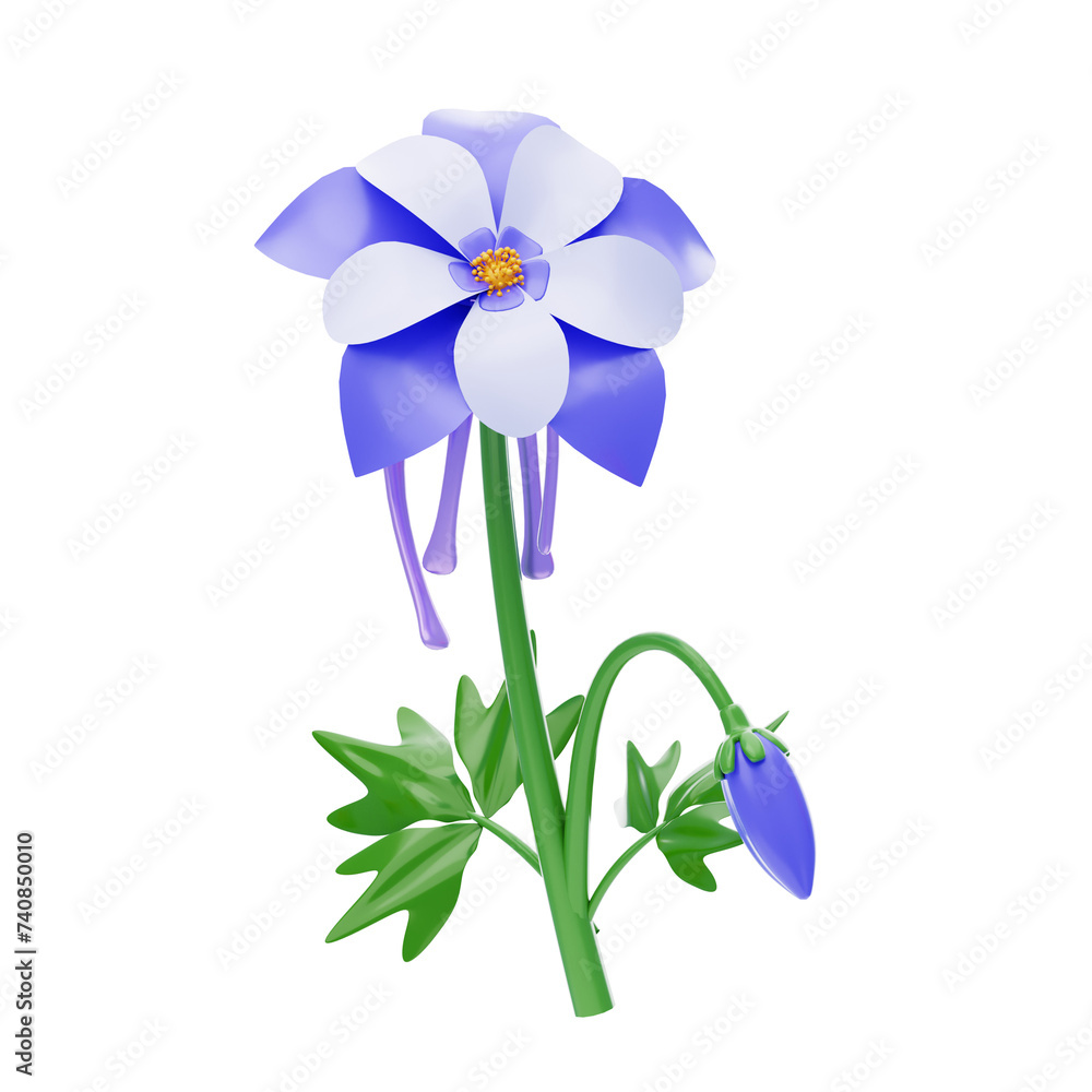Poster 3d columbine flower model graceful petals in bloom. 3d illustration, 3d element, 3d rendering. 3d vi