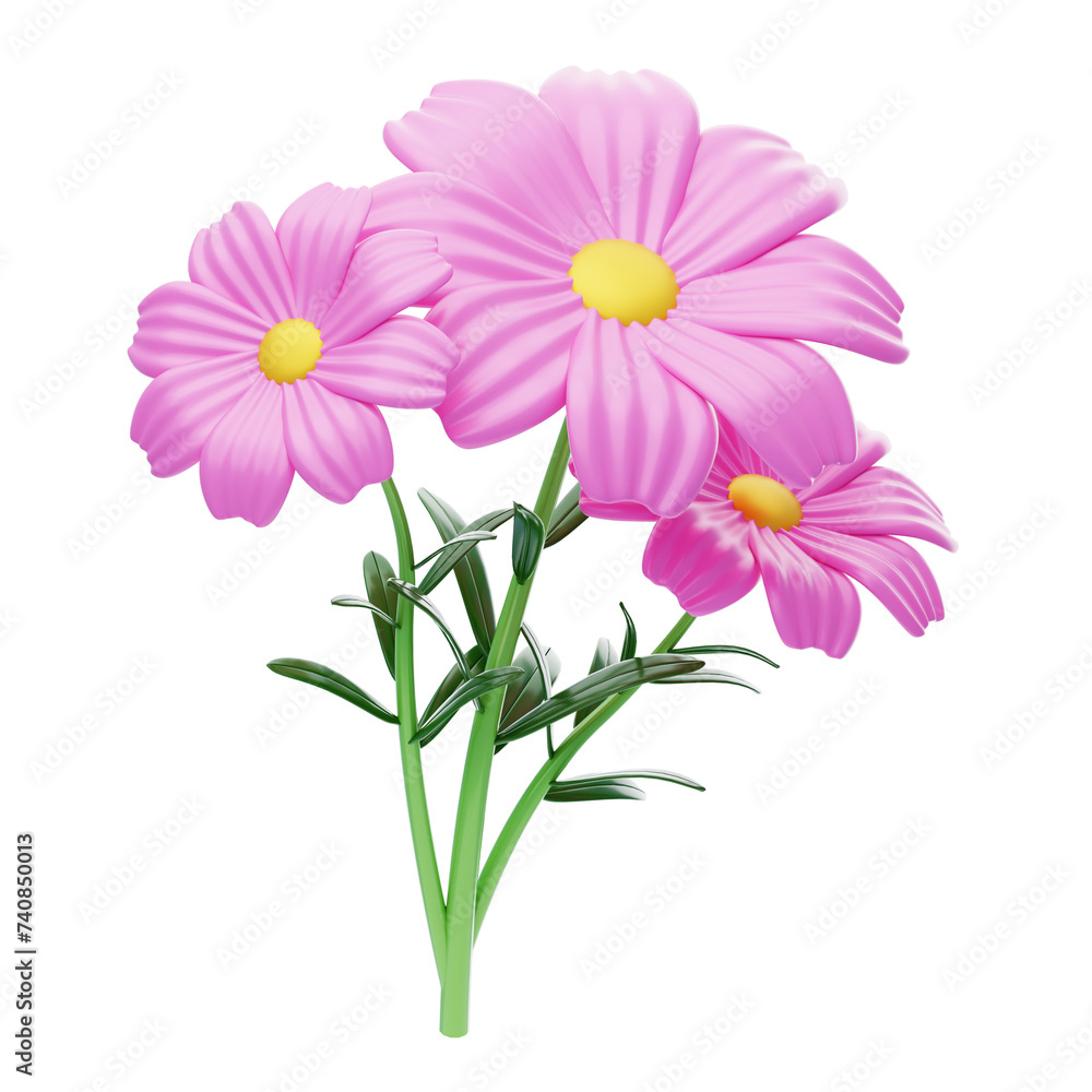 Aufkleber cosmos flower 3d model of three blossoms. 3d illustration, 3d element, 3d rendering. 3d visualizatio