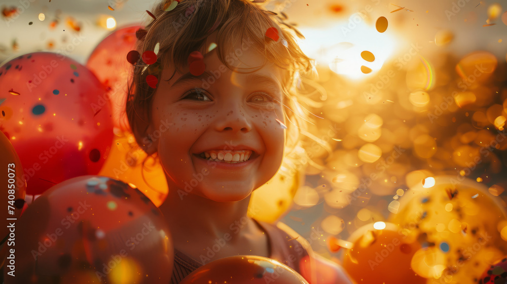 Sticker positive child in rays of sunlight.