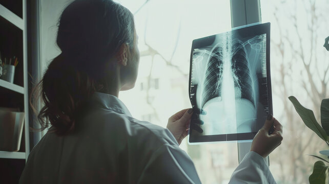 A woman doctor holds an x-ray picture in her hands.
