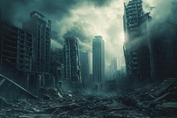 A view of a city resiliently situated amidst the wreckage and destruction of its surroundings, Dystopian cityscape after environmental collapse, AI Generated - obrazy, fototapety, plakaty