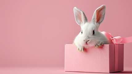 A white fluffy rabbit crawls out of a pink gift box.