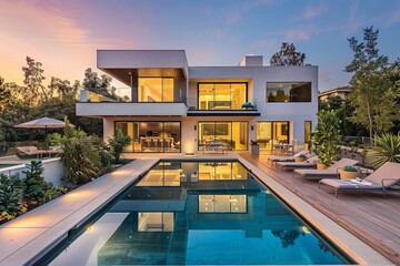 outside view of modern luxury home with pool 