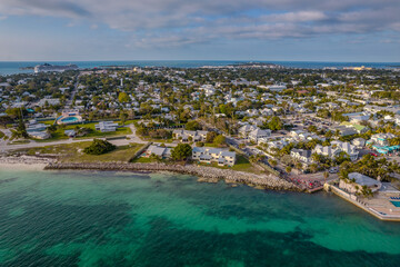 Beautiful aerial view of Key West, its magnificent beach and town in Florida USA
