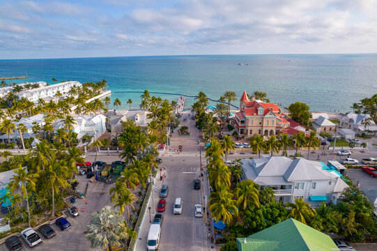Beautiful aerial view of Key West, its magnificent beach and town in Florida USA