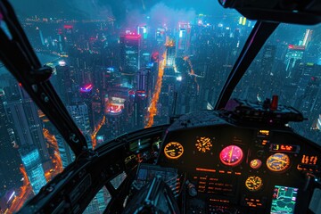 A Dazzling View of New York City at Night From a Helicopter, Dystopian urban landscape seen from the cockpit of a drone, AI Generated