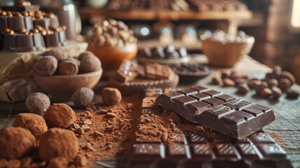 Chocolate bars, chocolate truffles on the table - obrazy, fototapety, plakaty