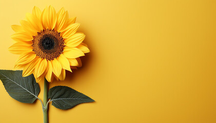 Mother day. Sunflower isolated on yellow background top view. Flower arrangement. Blooms for mom. Copy space. Wedding sunflower concept. Bride beautiful summer floral. Birthday, Valentine day. Banner