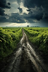 A dirt road traverses a lush green field under a cloudy sky, leading into the distance
