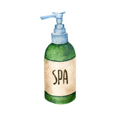 Watercolor hand drawn illustration of a green bottle for spa treatment isolated on a white background.