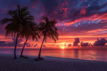 Fototapeta premium At sunset, a tropical island beach transforms into a breathtaking and idyllic scene, captivating with its beauty and tranquility