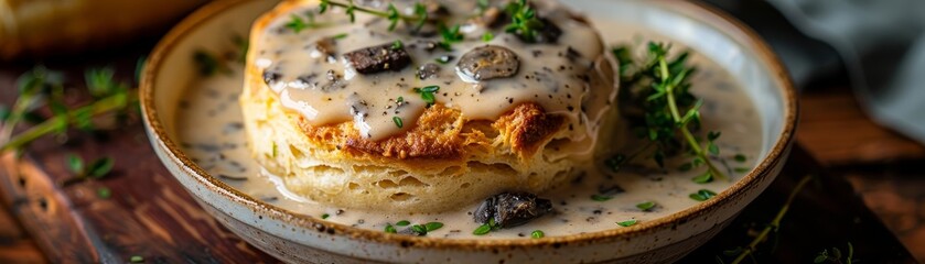 Biscuits and Gravy redefined with truffle infused gravy over homemade biscuits a touch of rustic elegance - obrazy, fototapety, plakaty