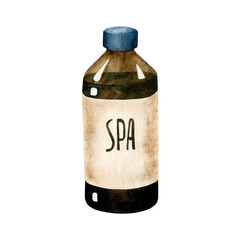 Watercolor hand drawn illustration of a brown bottle for spa treatment isolated on a white background.