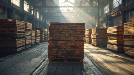 Lumber warehouse. Neatly stacked boards in a warehouse.