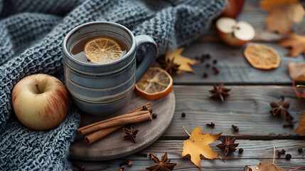 Obraz na płótnie Canvas Cozy Autumn Setting with Warm Drink and Seasonal Decor