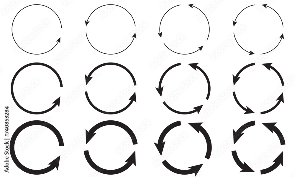 Poster set of circle arrows rotating on white background. refresh, reload, recycle, loop rotation sign coll