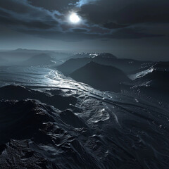 Surreal landscapes at midnight with shadows and moonlight on black