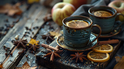 Fototapeta na wymiar Cozy Autumn Tea Time with Spices and Citrus