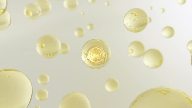 Numerous water bubbles rise in a macro image against a bright background. Design for moisturizing bubble blobs in beauty gloss in super motion. 3D cosmetic serum animation