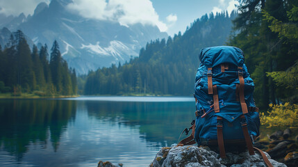 the backpack on the background of the mountains