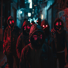 A group of rebels wearing augmented reality masks gathering in a shadowy alley to plan a high stakes data theft from a corrupt megacorporation - obrazy, fototapety, plakaty