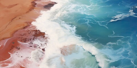 Fototapeta premium Aerial top view drom drone of a beautiful coastside waves sea ocean beach sand and surface. Relaxing vacation tourism deocrative promotion background scene