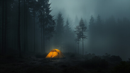 a tourist tent  in the rainy foggy forest - obrazy, fototapety, plakaty
