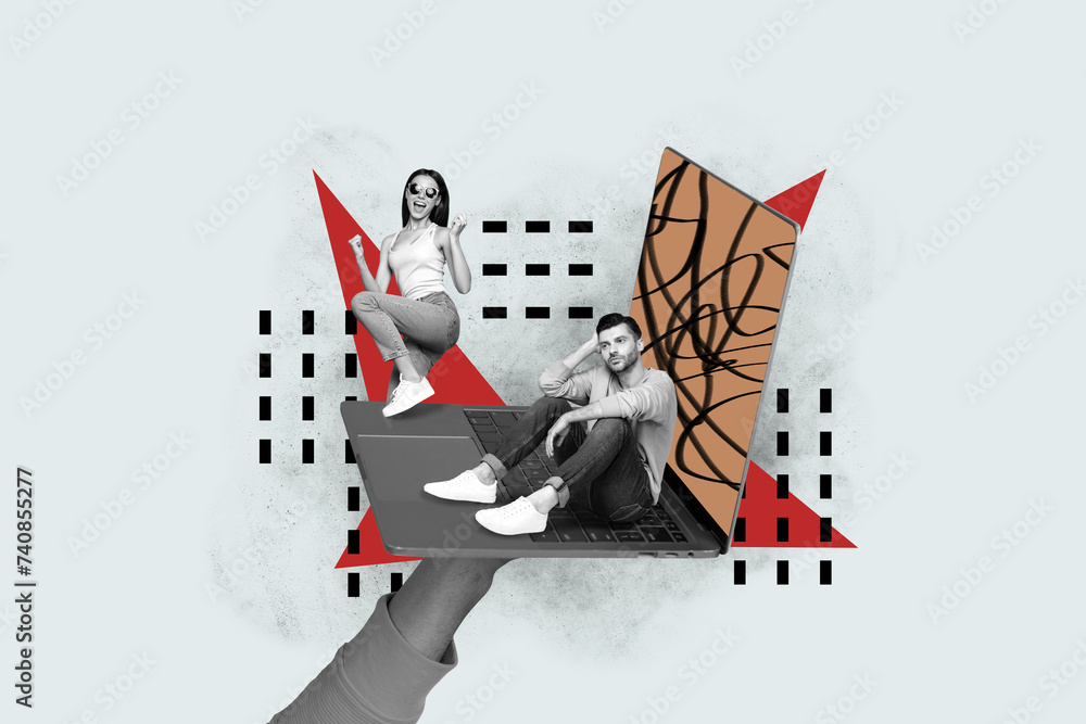 Poster collage 3d image of pinup pop retro sketch of netbook tired man attractive girl network weird freak 