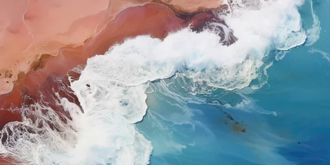 Draagtas Aerial top view drom drone of a beautiful coastside waves sea ocean beach sand and surface. Relaxing vacation tourism deocrative promotion background scene © Graphic Warrior