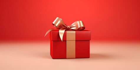 A red gift box with a gold ribbon on a red background
