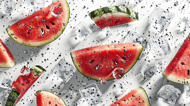 Watermelon Slices And Ice Cubes On White Background