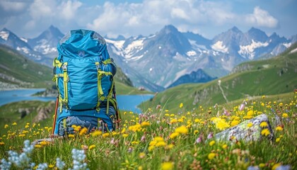Hiking bag and shoes on mountain summit, adventure travel concept with space for text placement