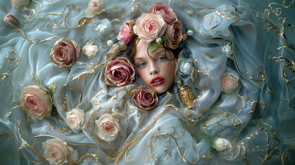 A serene arrangement with a girl and roses on an elegant blue fabric adorned with gold embellishments.