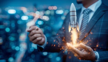 Businessman launching rocket for business growth, depicting startup concept with copy space.