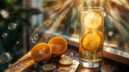 Sparkling Orange Beverage in Sunlight - obrazy, fototapety, plakaty