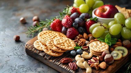 Fototapeta premium Assorted Fresh Fruits, Nuts, and Crackers on Wooden Board