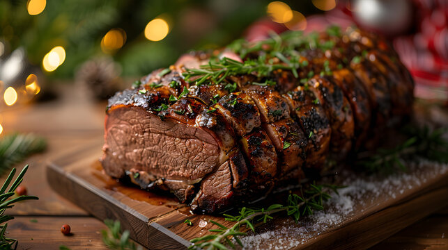 Succulent Herb-Crusted Roast Beef on Wooden Board