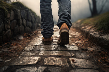 Generative AI cropped photo of person going on a trail walking through forest or park