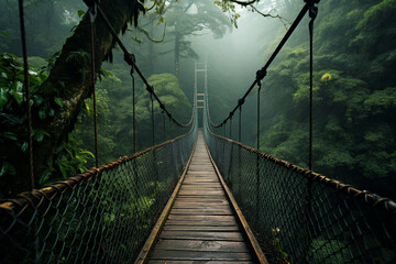 A long suspension bridge made of wooden planks extending through a dense forest made with generative AI