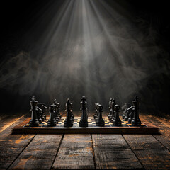Black chess pieces on a dark wood board under a spotlight - obrazy, fototapety, plakaty