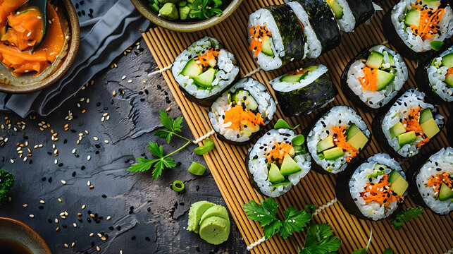 Assorted Fresh Sushi Rolls on Bamboo Mat