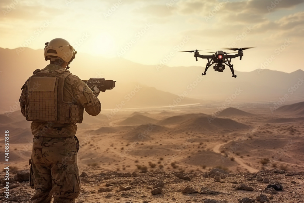 Poster generative ai illustration of military launches a combat drone in field for a special operation