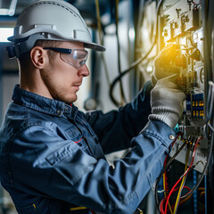 Electrician engineer at work inspecting cabling connection in industrial automation control fuseboard