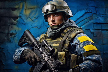 Naklejka premium AI generated portrait of strong soldiers ukrainian army in military uniform fighting against russian aggression