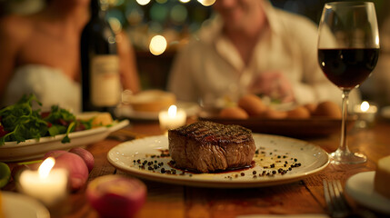 Romantic Dinner Setting with Steak and Wine