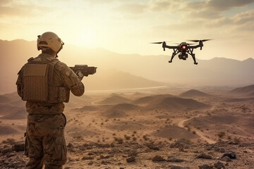 Generative AI illustration of military launches a combat drone in field for a special operation